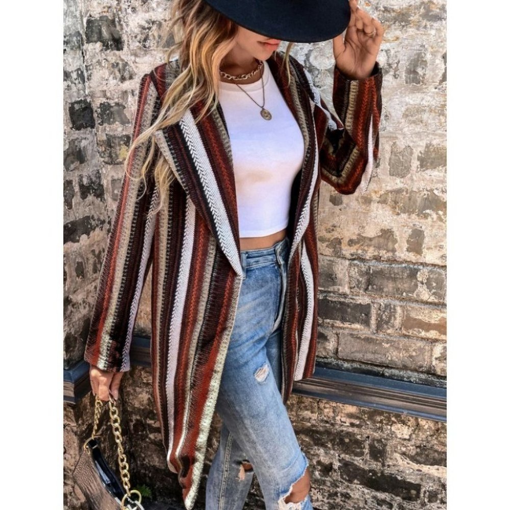 Tweed Striped Waterfall Front Belted Coat Brown - Picture 2 of 12